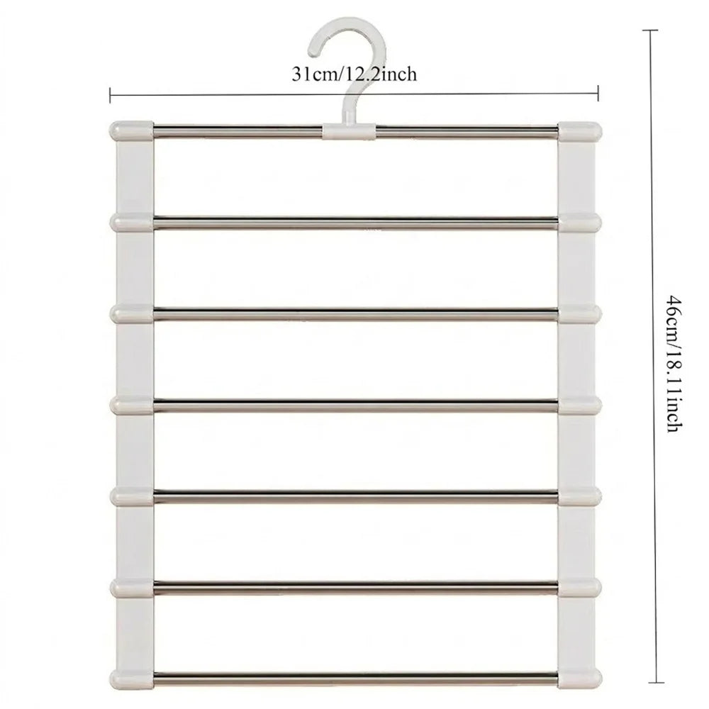 A white multi-layer trousers hanger with twelve horizontal bars for hanging clothes.
