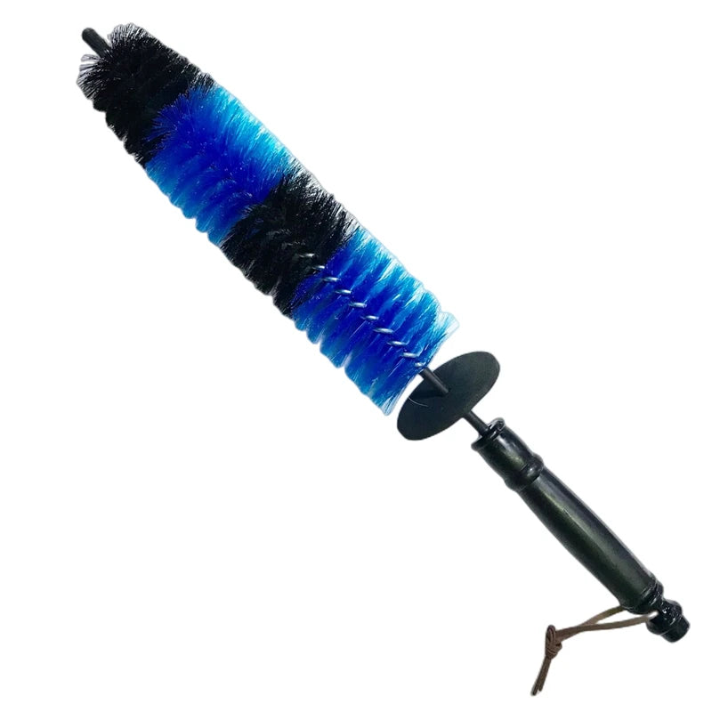 A long reach soft bristle cleaning brush with alternating blue and black bristles.
