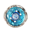 A silver alloy battle spinning top with a blue translucent body and an hexagonal purple emblem.