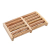 A wooden foot massage roller with multiple textured rollers for reflexology and tension relief.