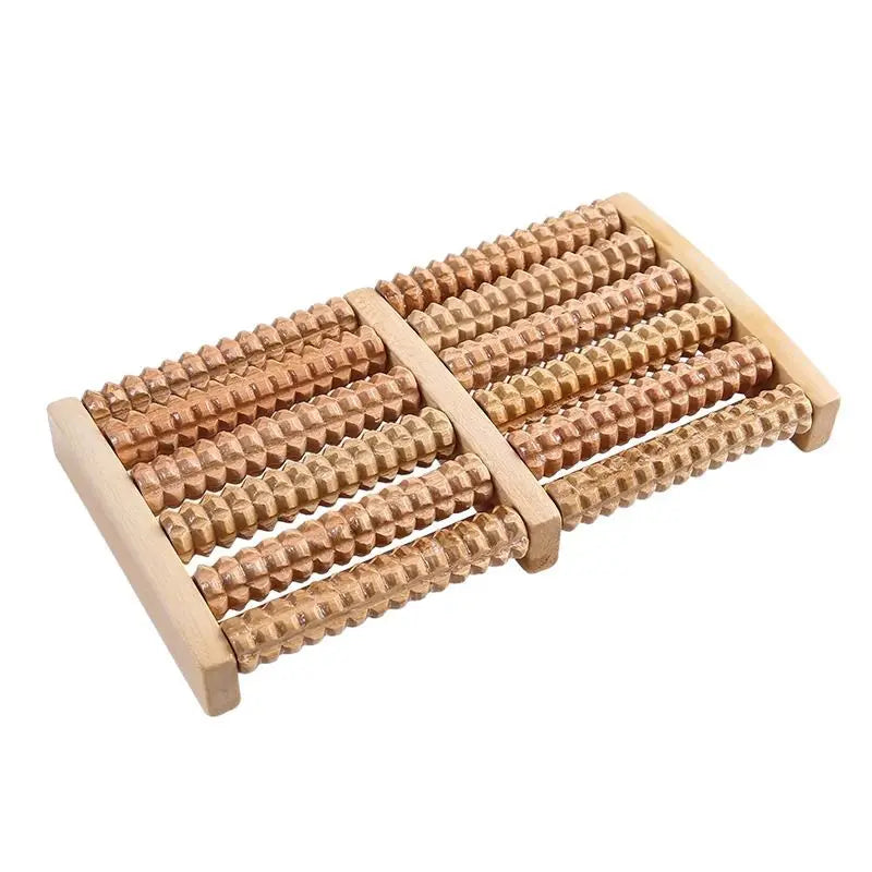 A wooden foot massage roller with multiple textured rollers for reflexology and tension relief.