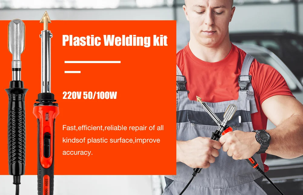 A man repairs plastic using a 220V 50/100W plastic welding kit tool.