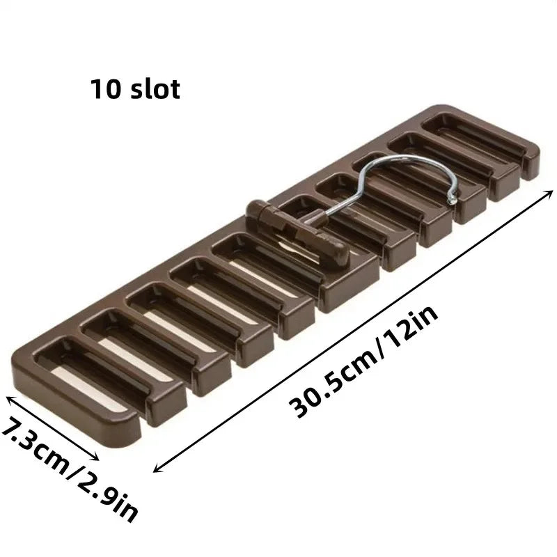 A brown belt and tie organizer with 10 slots and a hanging rack, shown in a top-down view.
