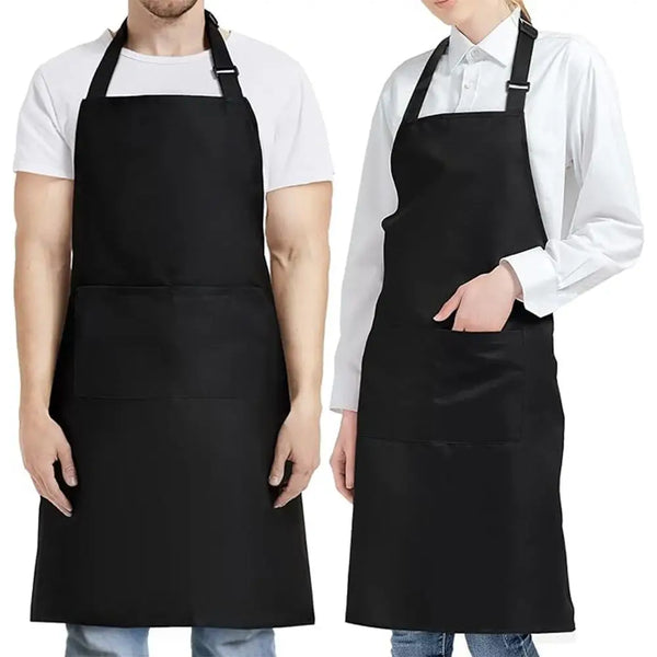 A person wearing a black unisex water-resistant bib apron with two pockets over a white shirt.