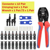 Set of crimping tools including a pair of crimping tool, wrench, and T3, along with multiple connector sets.