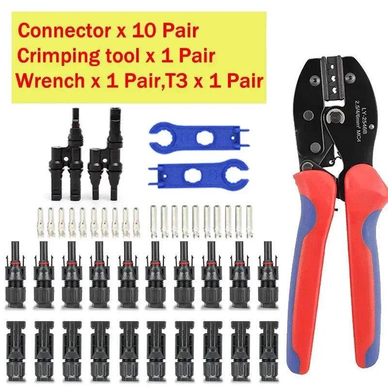 Set of crimping tools including a pair of crimping tool, wrench, and T3, along with multiple connector sets.