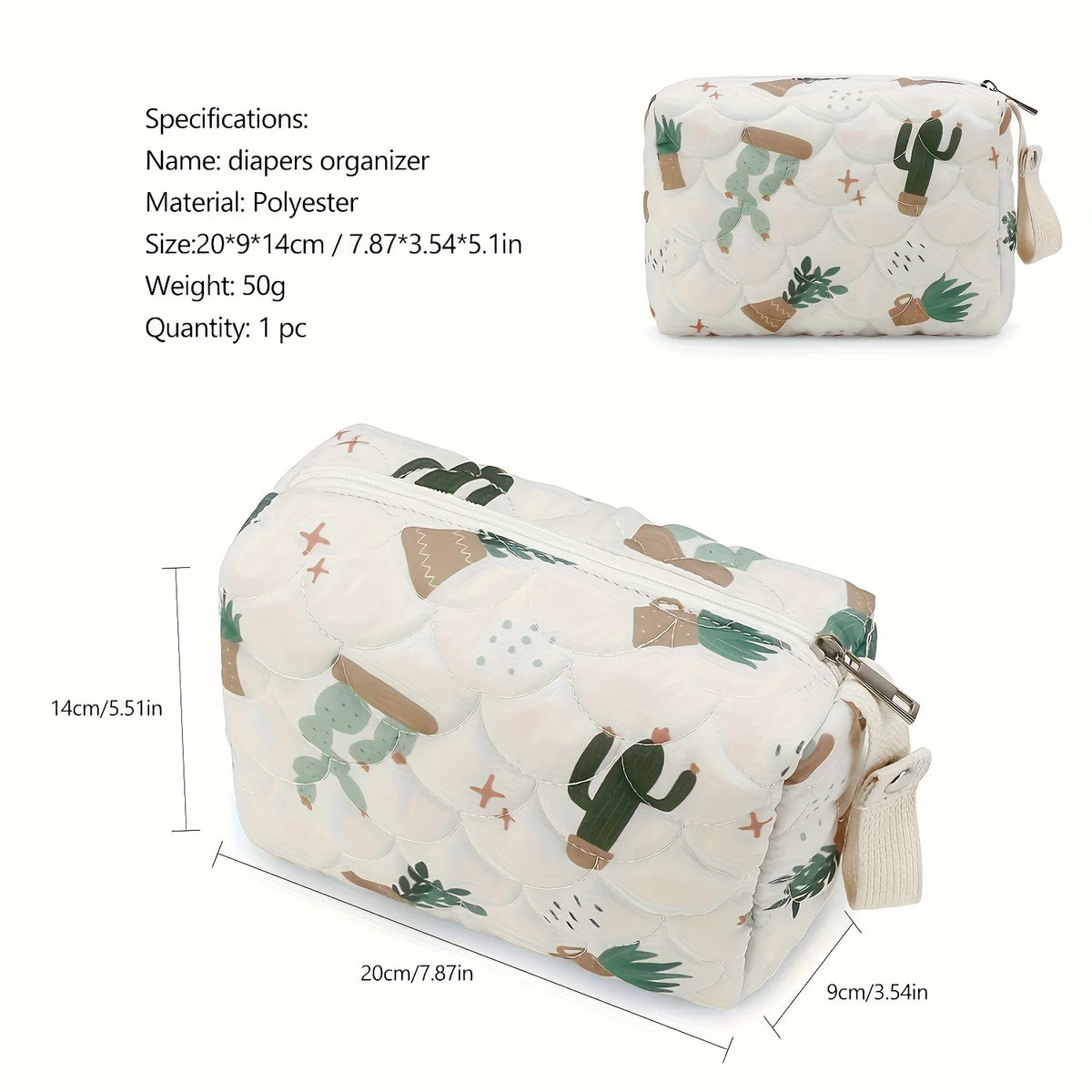 A beige fabric diaper organizer featuring a rainbow print design with various green and brown cactus and plant motifs.