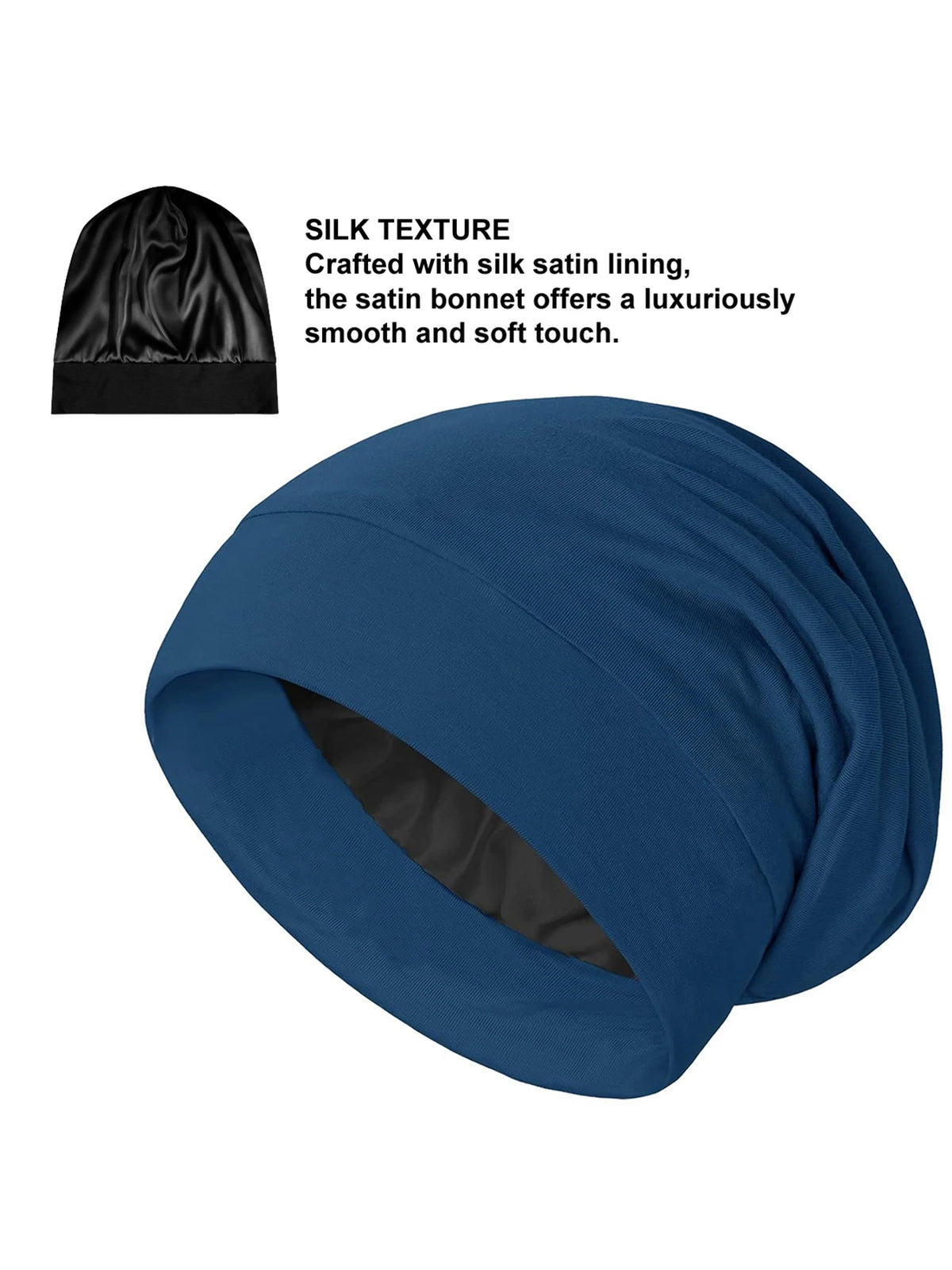 A deep blue silk satin sleep bonnet shown in a draped style.