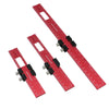 Red aluminum pocket ruler with a T-track slide stop mechanism.