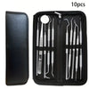 A black case containing a set of 10 stainless steel dental care tools for oral hygiene.
