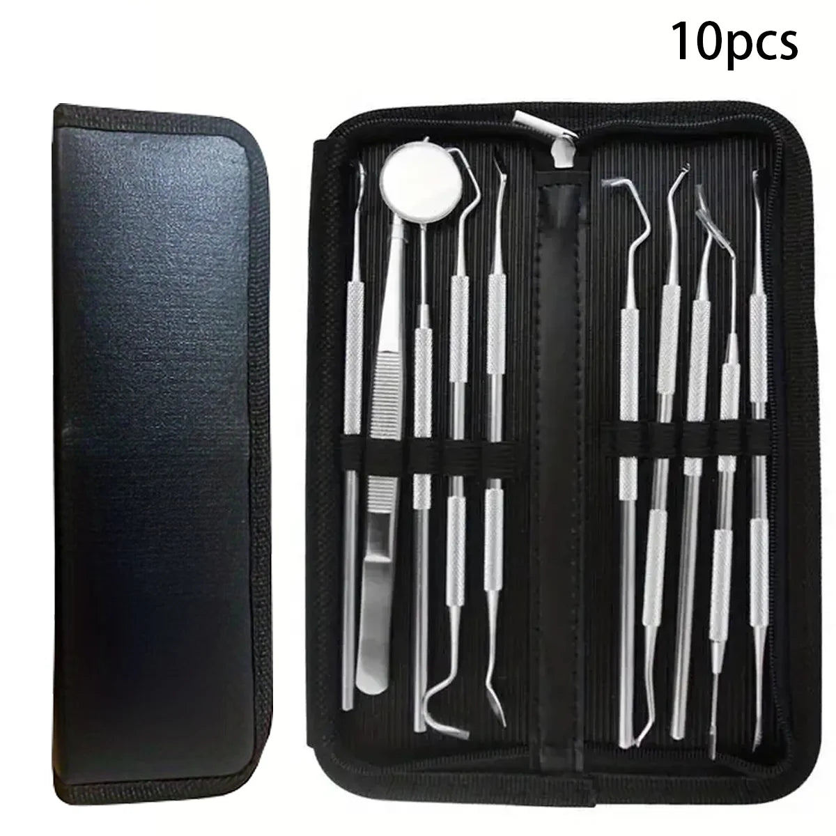 A black case containing a set of 10 stainless steel dental care tools for oral hygiene.
