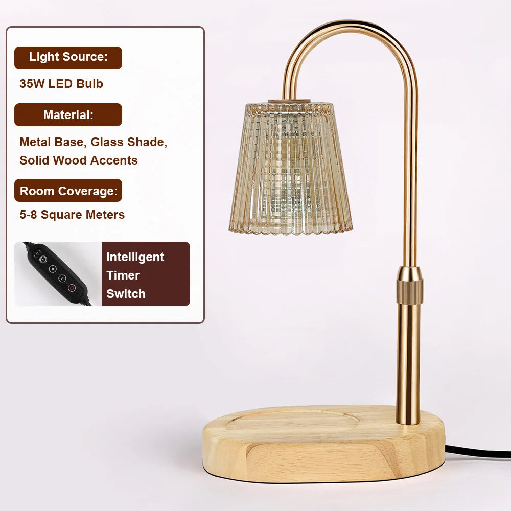 A gold-toned floor lamp with a glass shade and wooden base, featuring a 35W LED bulb.