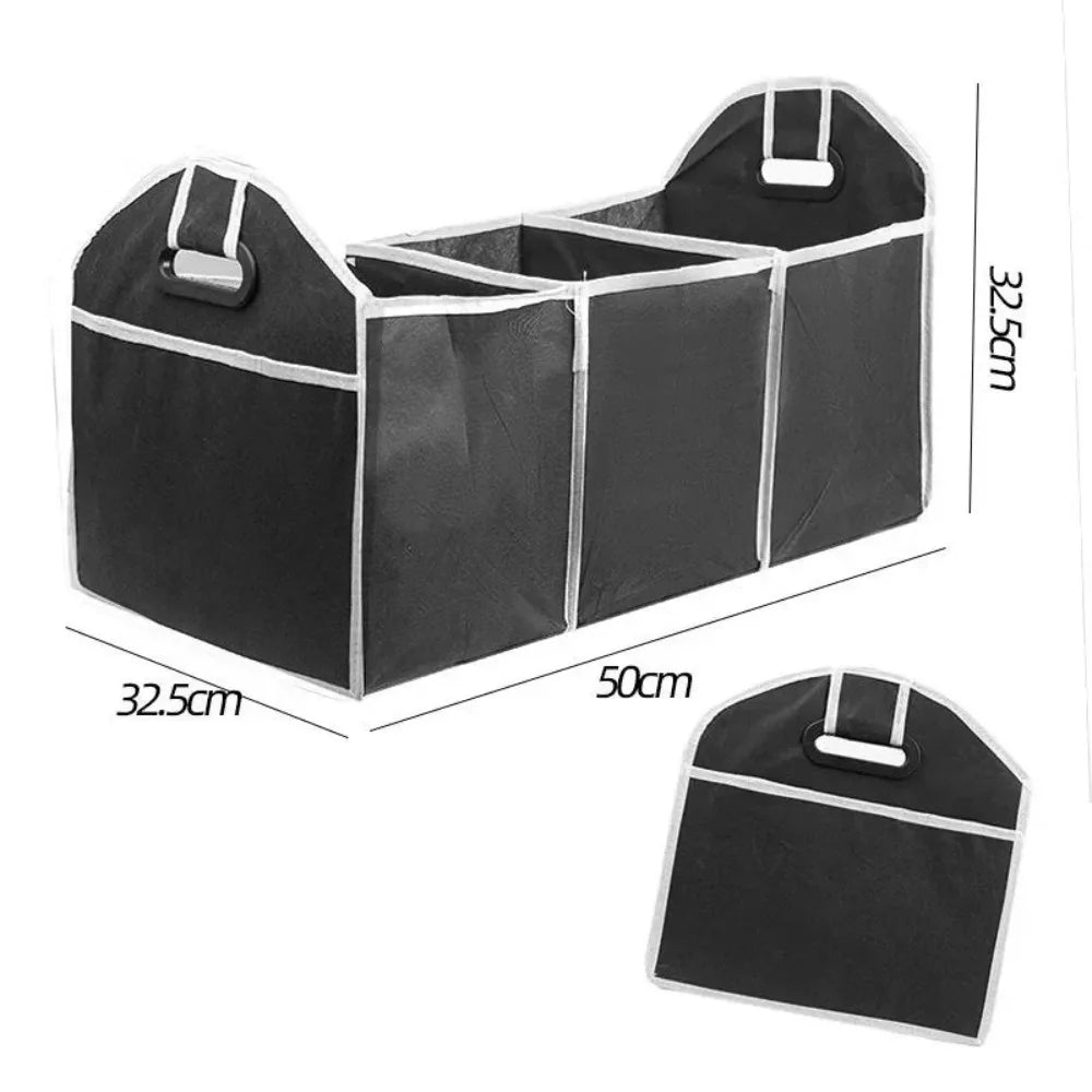 Organizador plegable para maletero de coche negro con forma rectangular y asas, visto de lado.