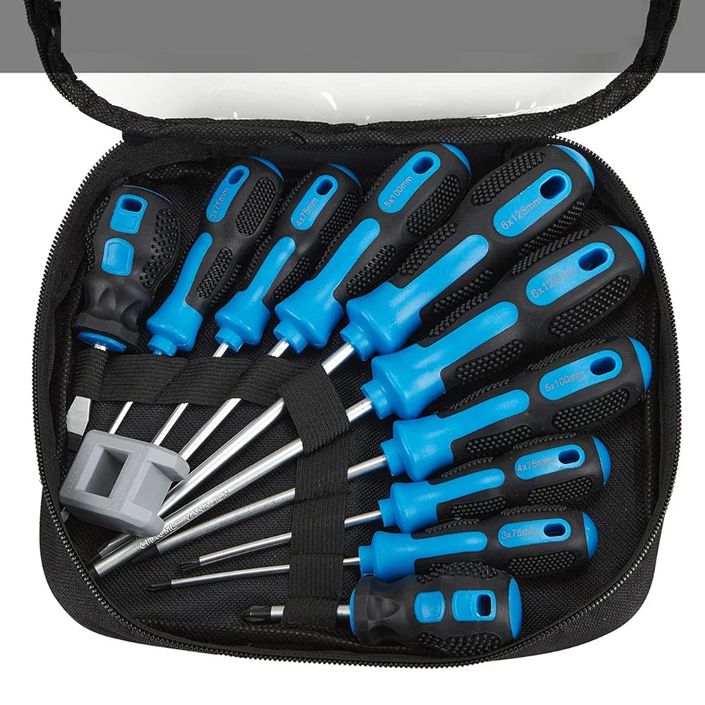 A black storage bag containing a 10-piece magnetic screwdriver set with various sizes of precision screwdrivers.