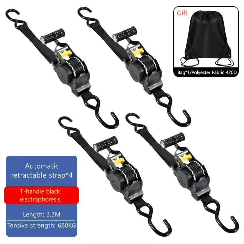 Four black automatic retractable strap tie-down straps with T-handles and yellow electrodes.