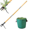 A long wooden weed puller with a black claw and a green fabric pot for removing weeds.
