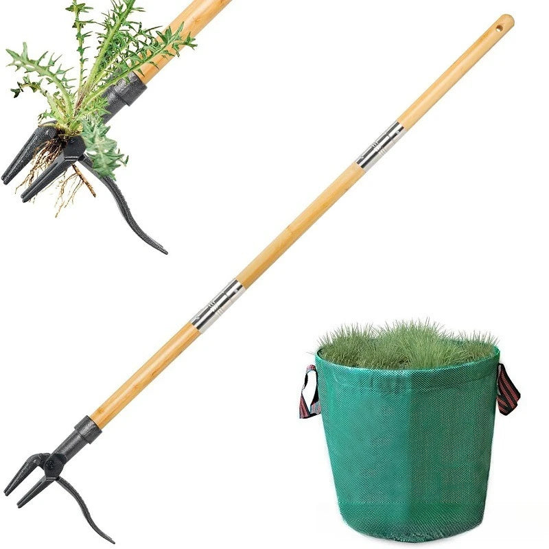 A long wooden weed puller with a black claw and a green fabric pot for removing weeds.