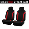 Black and red two-front car seat cover set for a vehicle interior.
