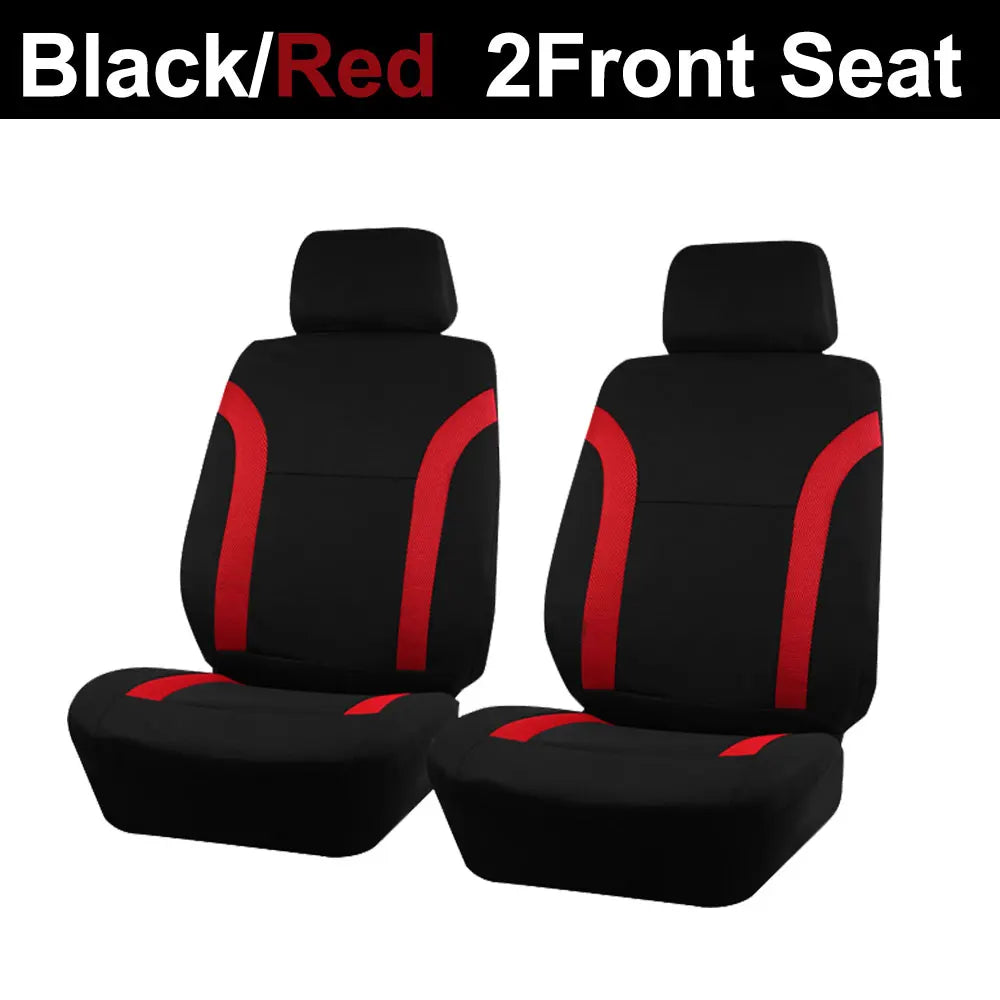 Black and red two-front car seat cover set for a vehicle interior.