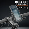 A clear phone mount is attached to a bicycle handlebar, designed for mounting a smartphone.