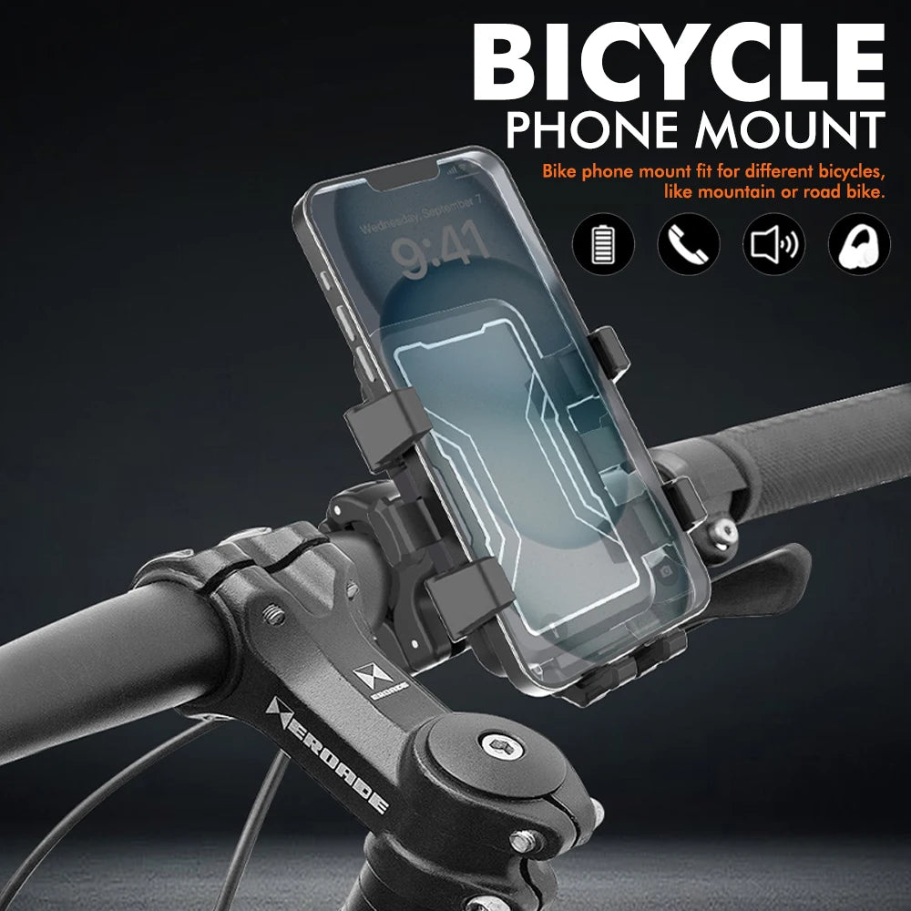 A clear phone mount is attached to a bicycle handlebar, designed for mounting a smartphone.