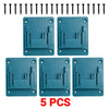 Five blue wall-mount holders for Makita 18V batteries and power tools with mounting screws