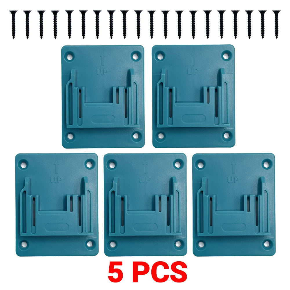Five blue wall-mount holders for Makita 18V batteries and power tools with mounting screws