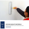 A person is applying a white and blue paint roller to a white wall using an aluminum alloy handle.