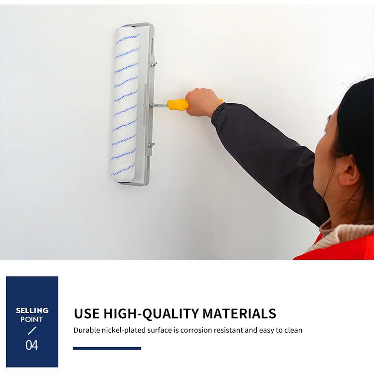 A person is applying a white and blue paint roller to a white wall using an aluminum alloy handle.