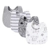 A pack of four soft cotton baby bibs featuring various cute cartoon prints and striped patterns.