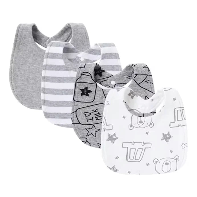 A pack of four soft cotton baby bibs featuring various cute cartoon prints and striped patterns.