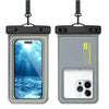 A gray waterproof floating phone case with a clear back, shown from the front.