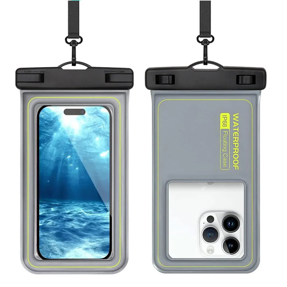 A gray waterproof floating phone case with a clear back, shown from the front.