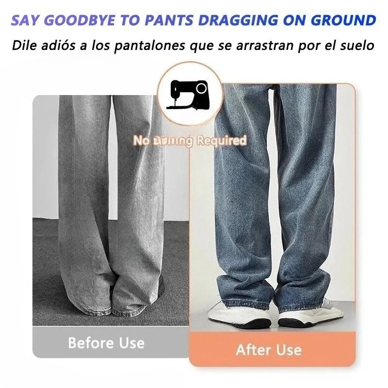 Comparaison avant/après : pantalon traînant par terre avant et après utilisation de clips anti-dérapants invisibles