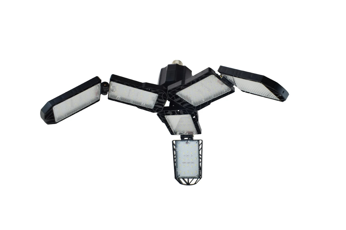 An adjustable LED workshop light with multiple directional beams and a base.