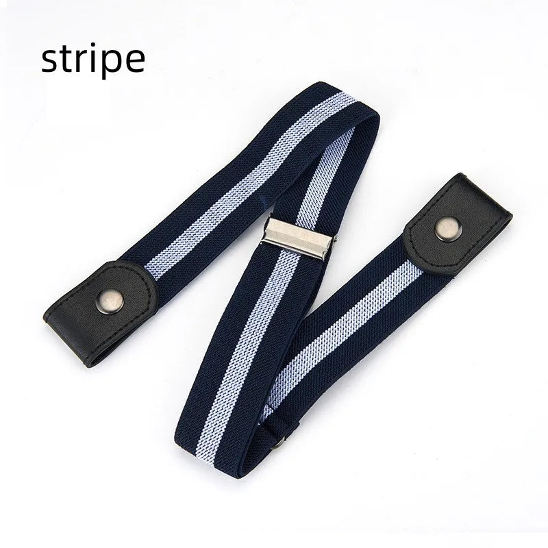 A black and white striped stretch elastic belt with a silver buckle.