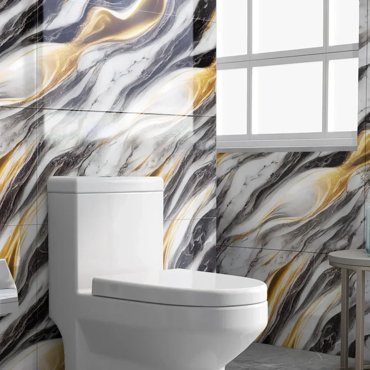 A modern white toilet in a bathroom with a marble effect wall covering featuring gray, white, and gold veining.
