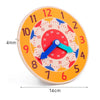 An orange wooden clock face with numbers and hands, designed as a Montessori educational toy.
