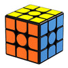 A black and yellow cube with orange and blue stickers, a MoYu MeiLong 3x3x3 Stickerless Speed Cube.