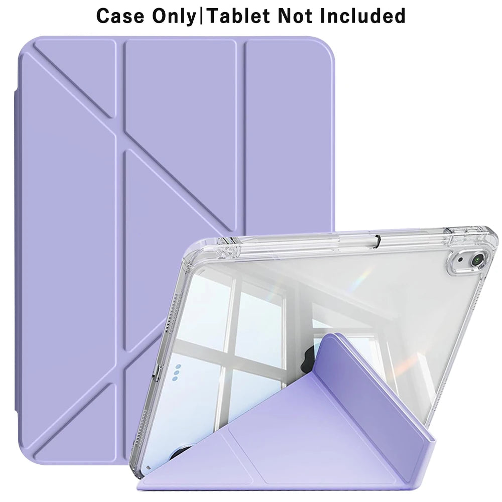 A purple foldable clear iPad case shown with a matching purple cover, demonstrating the device protection.