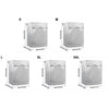 Various sizes of a silver waterproof washing machine cover with roll edge design labeled S, M, L, and XL.