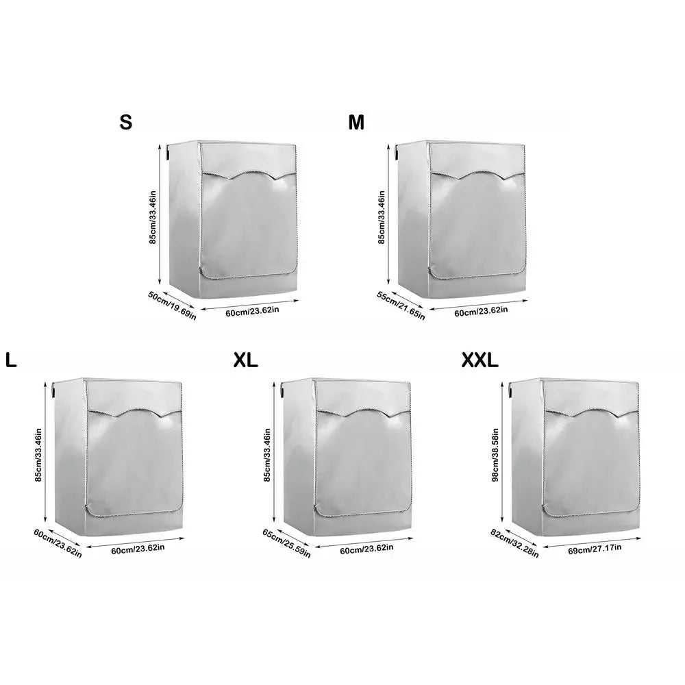 Various sizes of a silver waterproof washing machine cover with roll edge design labeled S, M, L, and XL.
