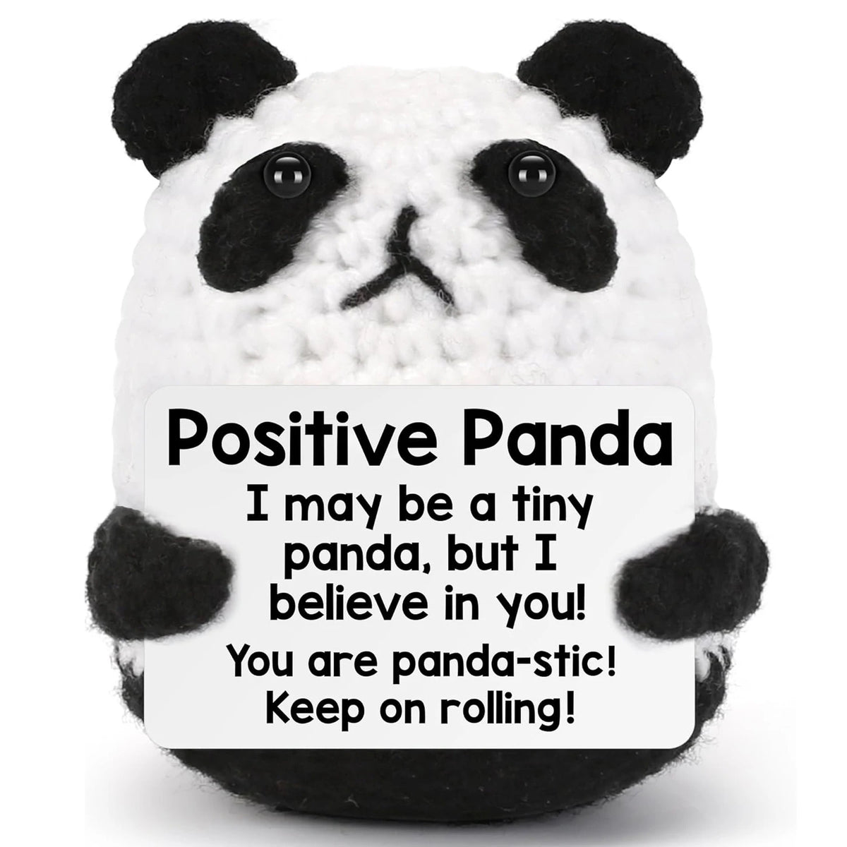 A white and black panda plush ornament with a supportive message on the tag.