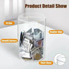 A clear acrylic piggy bank showing various coins and bills inside, highlighting its smooth surface and thick sheet.