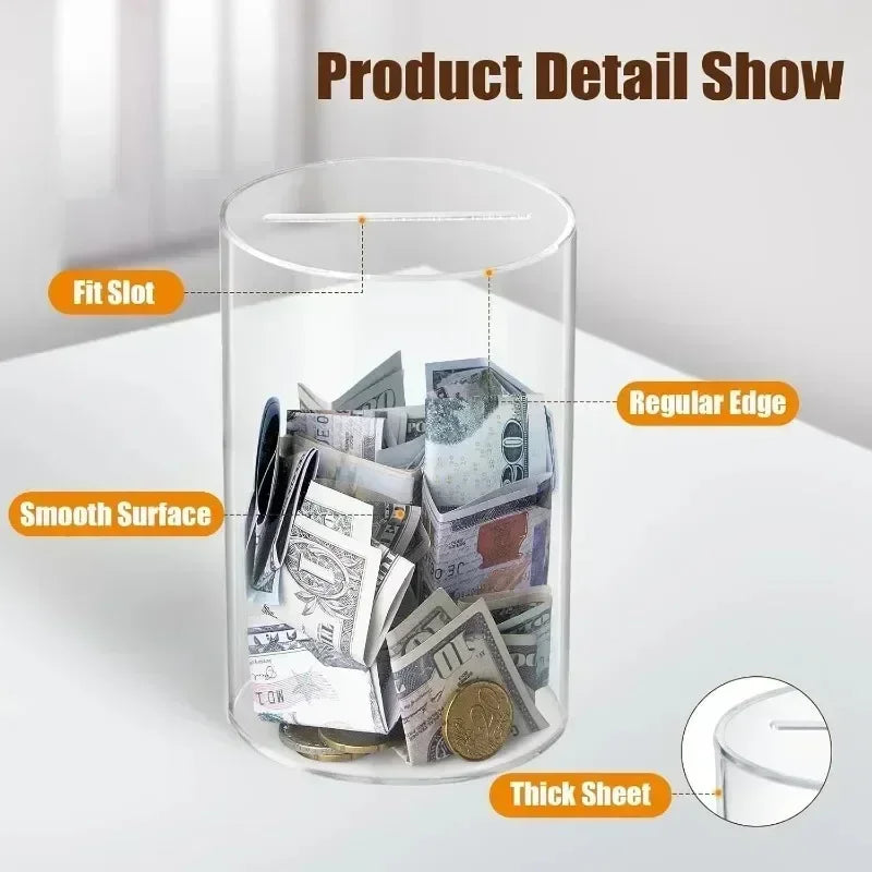 A clear acrylic piggy bank showing various coins and bills inside, highlighting its smooth surface and thick sheet.
