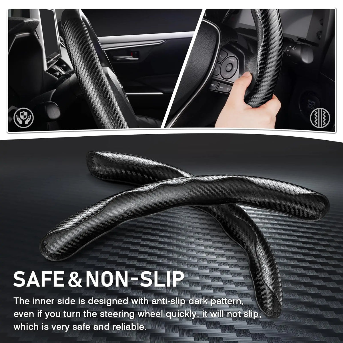 Close-up of a black carbon fiber pattern steering wheel cover demonstrating an anti-slip grip for safe driving.