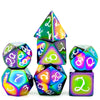 A set of seven metal polyhedral dice featuring a dragon font design in various iridescent colors.
