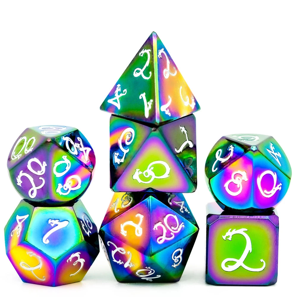 A set of seven metal polyhedral dice featuring a dragon font design in various iridescent colors.