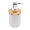 A modern bathroom organizer set featuring a chrome soap dispenser mounted on a white cylindrical base with a bamboo cap.