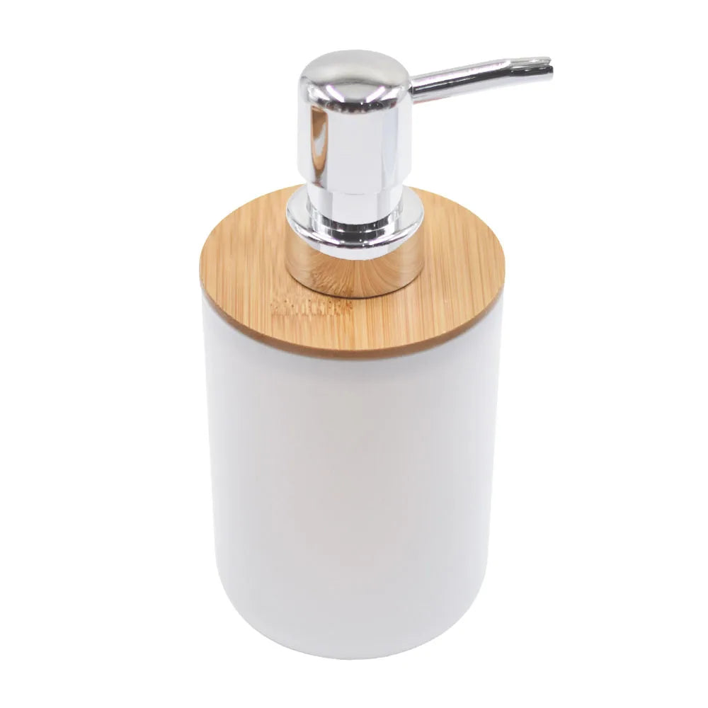 A modern bathroom organizer set featuring a chrome soap dispenser mounted on a white cylindrical base with a bamboo cap.